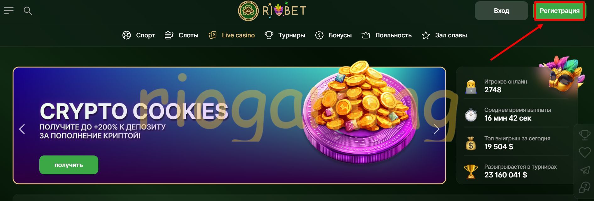 Кнопка регистрации Riobet