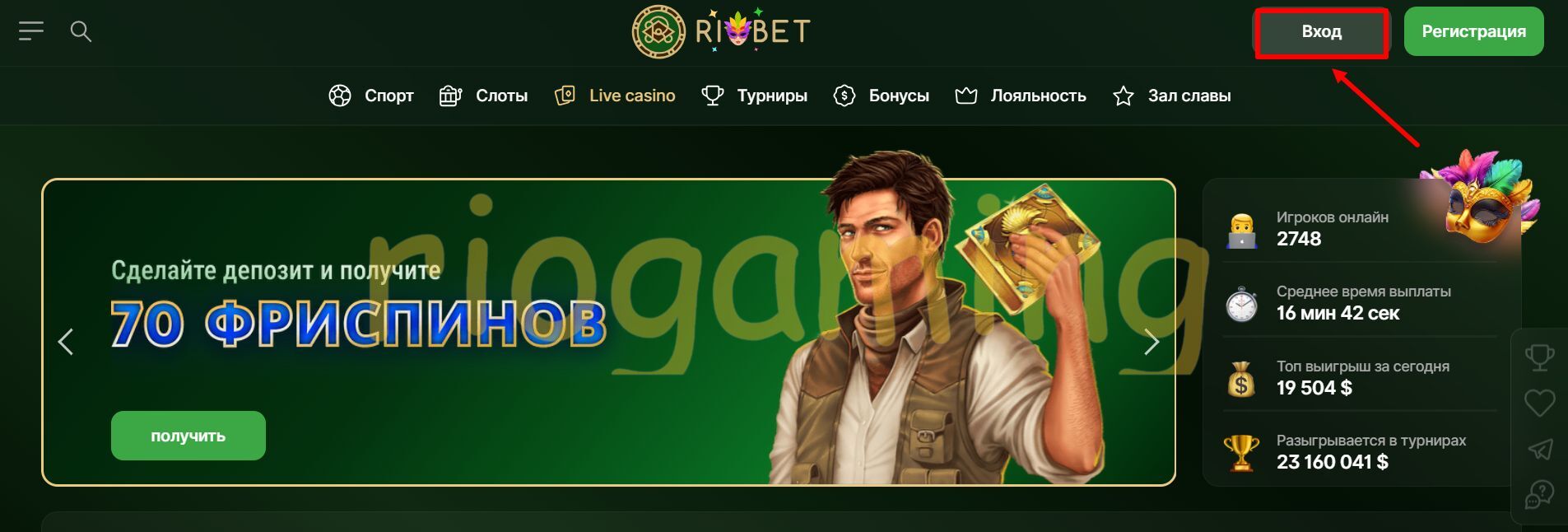 Кнопка входа Riobet