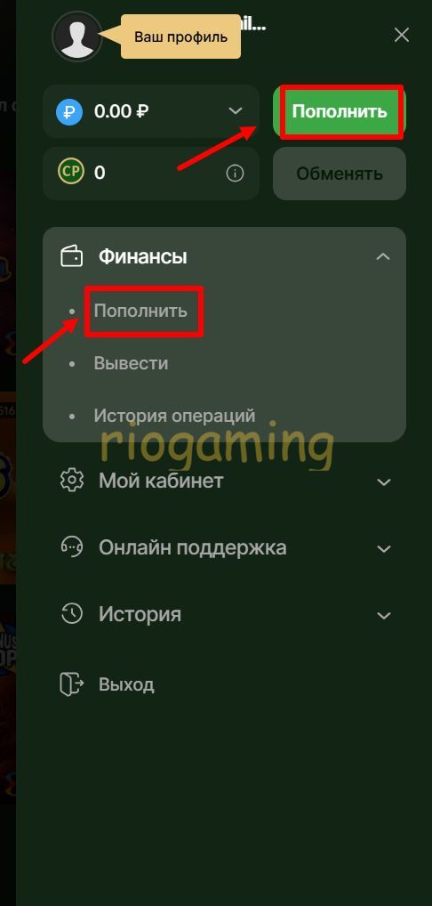 Кнопка пополнения счета Riobet