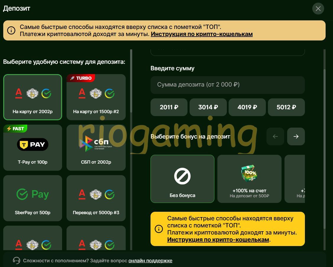 Ввод суммы пополнения Riobet