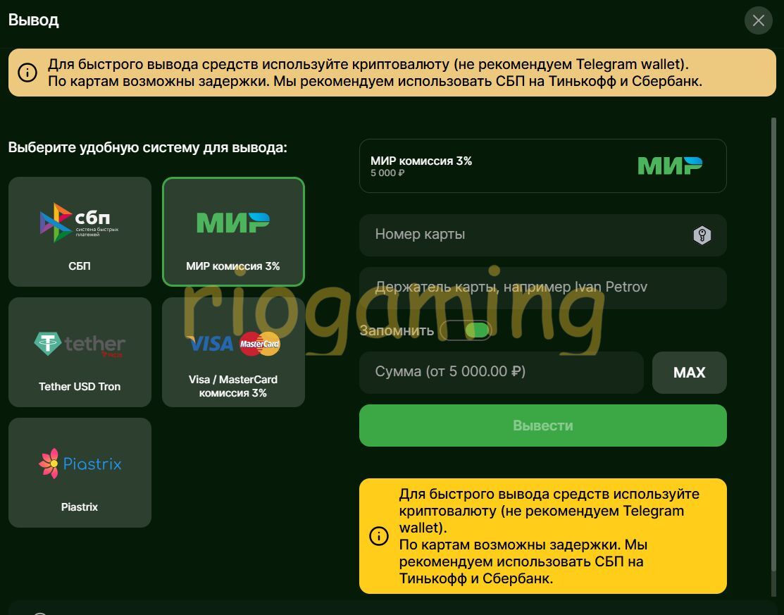 Форма вывода Riobet